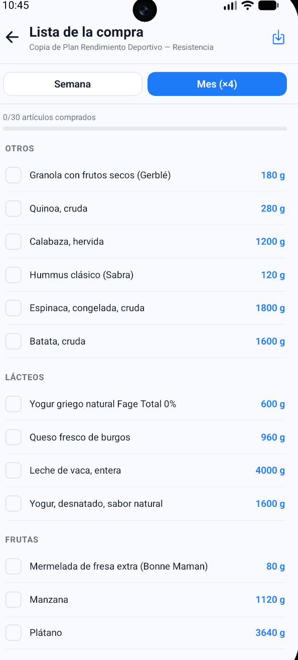 App del cliente — lista de la compra