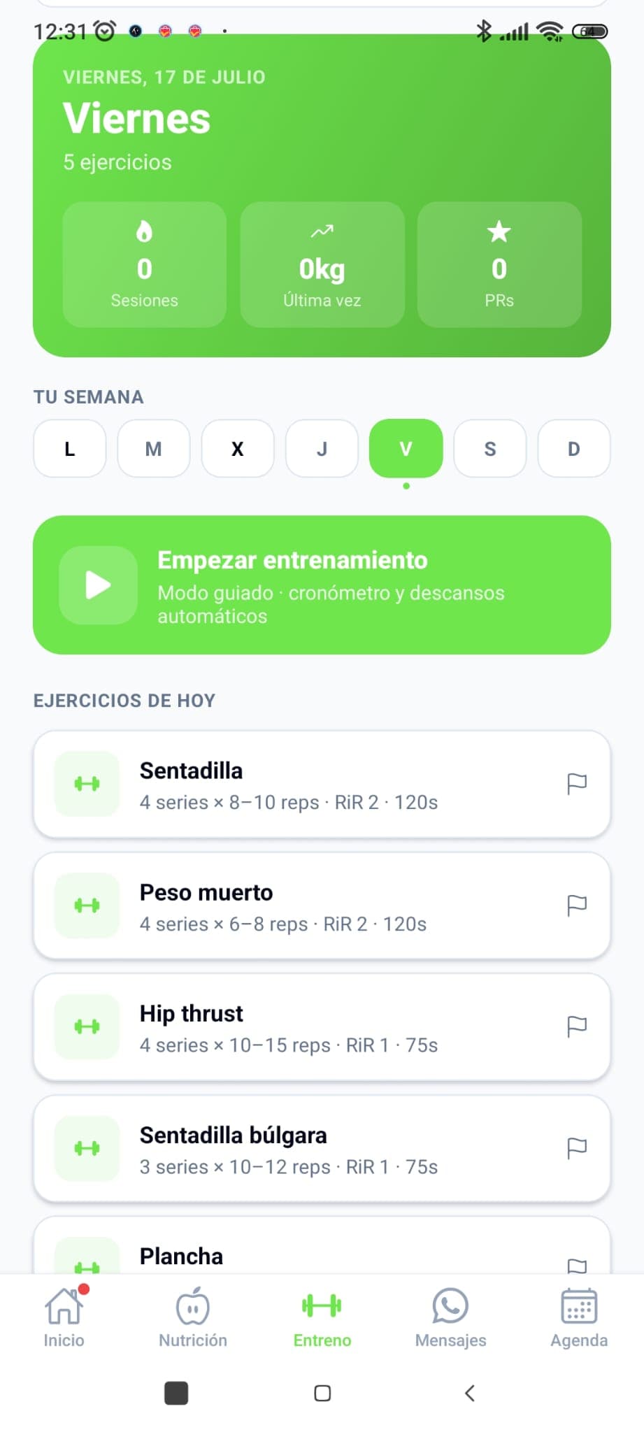 App del cliente — entrenamiento del día con modo guiado