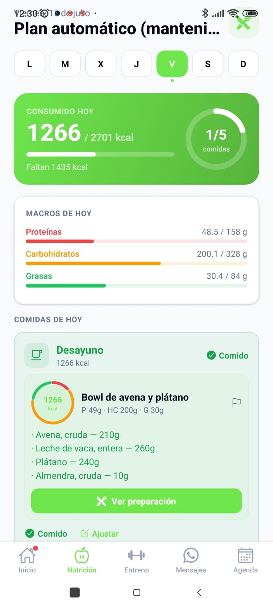 App del cliente — plan de comidas del día con macros