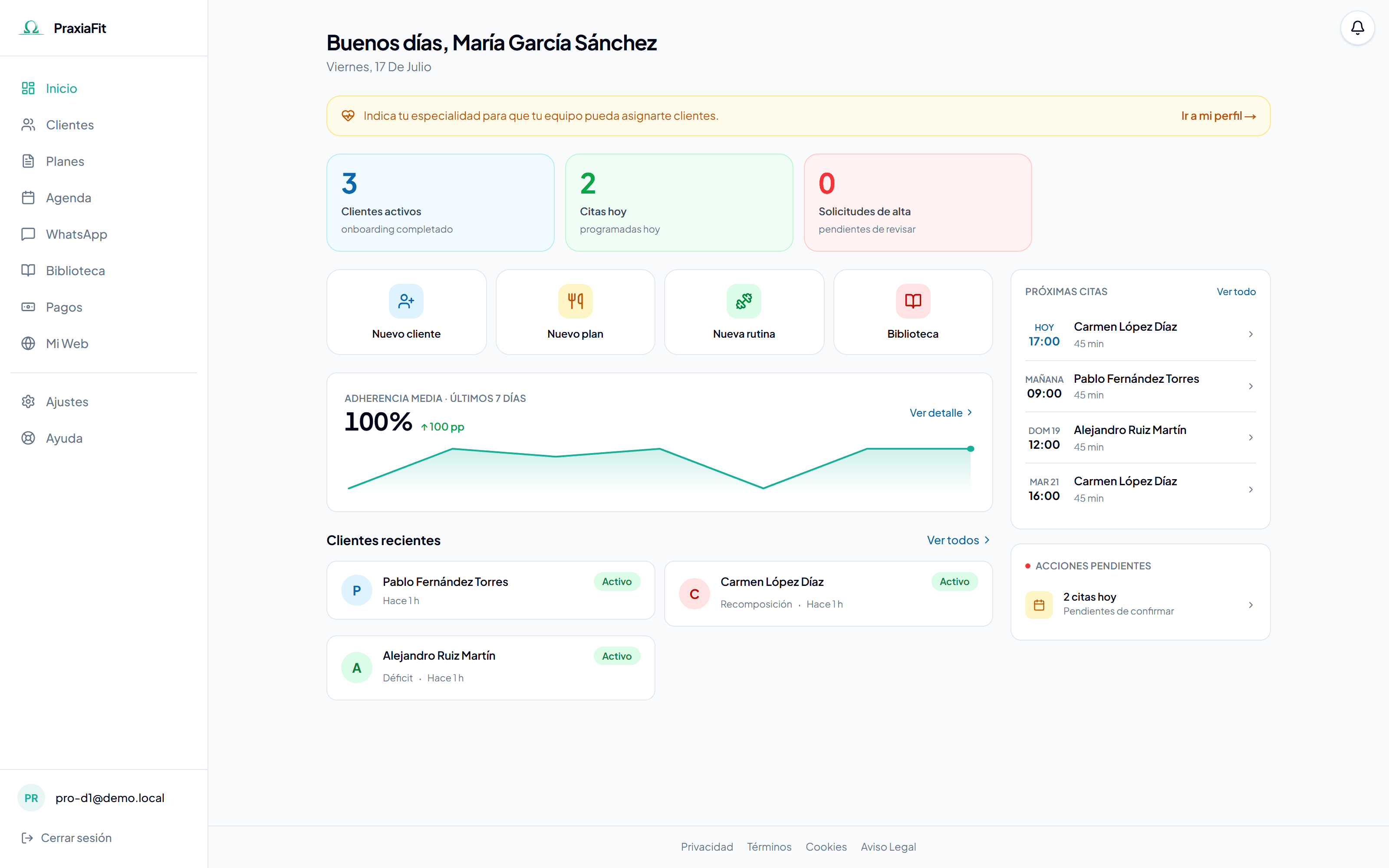 Dashboard del panel profesional de PraxiaFit
