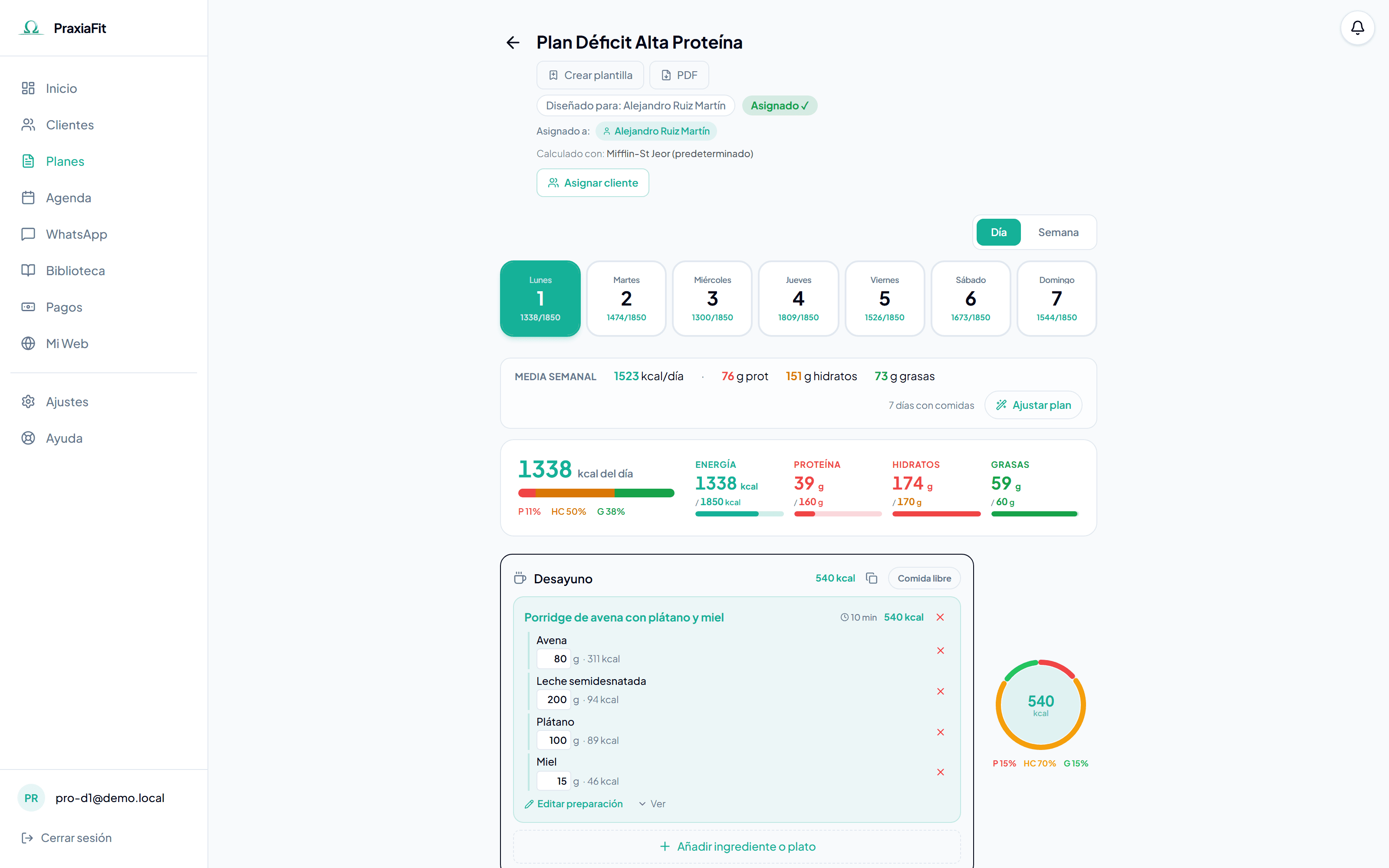 Editor de plan nutricional semanal con macros en tiempo real